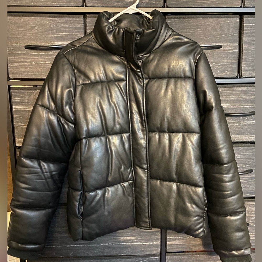 Women’s black faux leather puffer coat